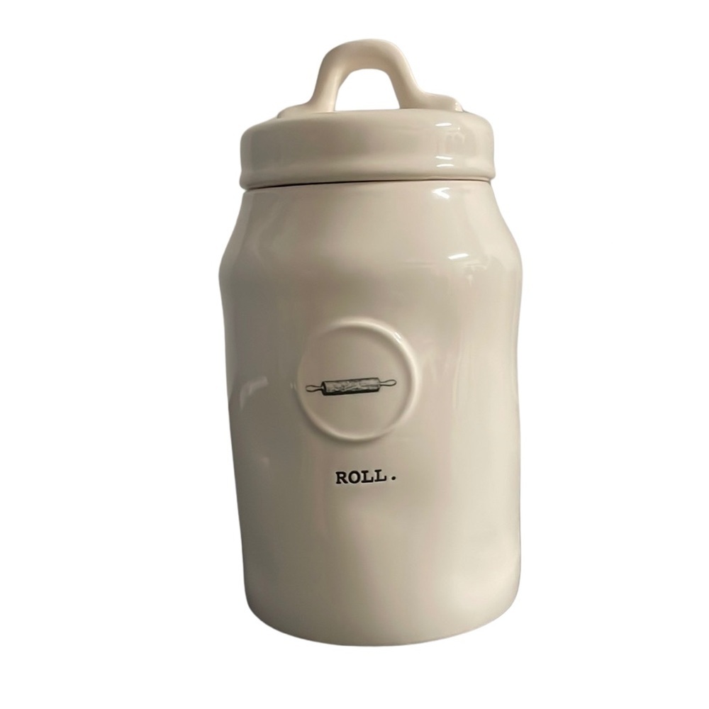 White Ceramic Kitchen Canister with Rolling Pin Design